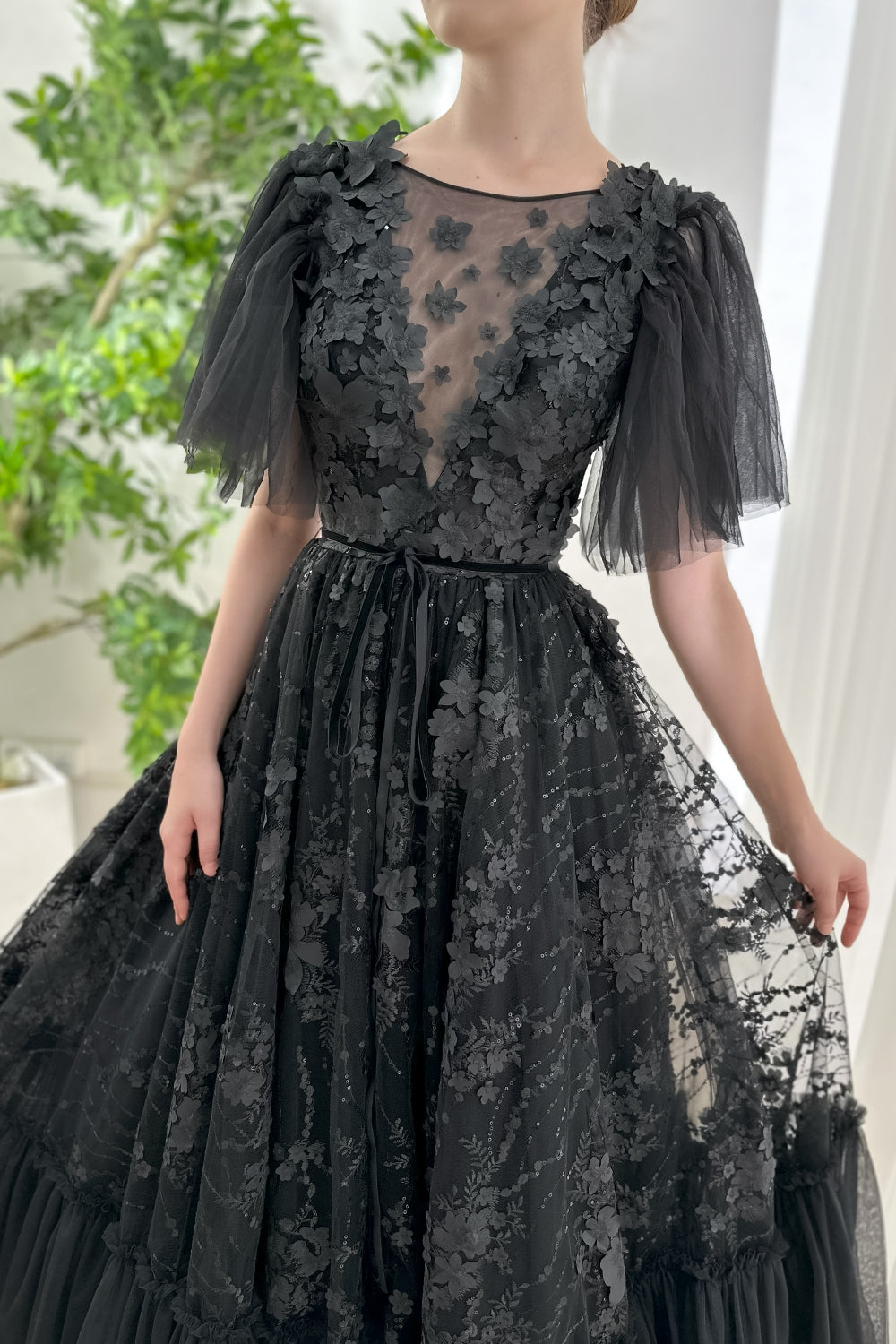 MissJophiel Illusion V Neck 3D Floral Black Dress with Short Sleeves MissJophiel Illusion V Neck 3D Floral Black Dress with Short Sleeves