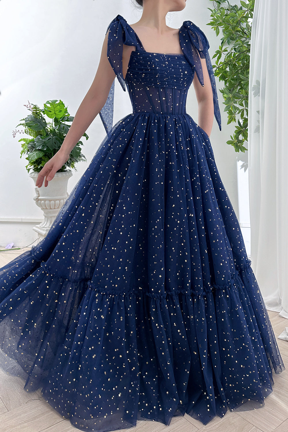 MissJophiel Corset Star Tulle Tiered Long Dress with Tie Straps MissJophiel Corset Star Tulle Tiered Long Dress with Tie Straps