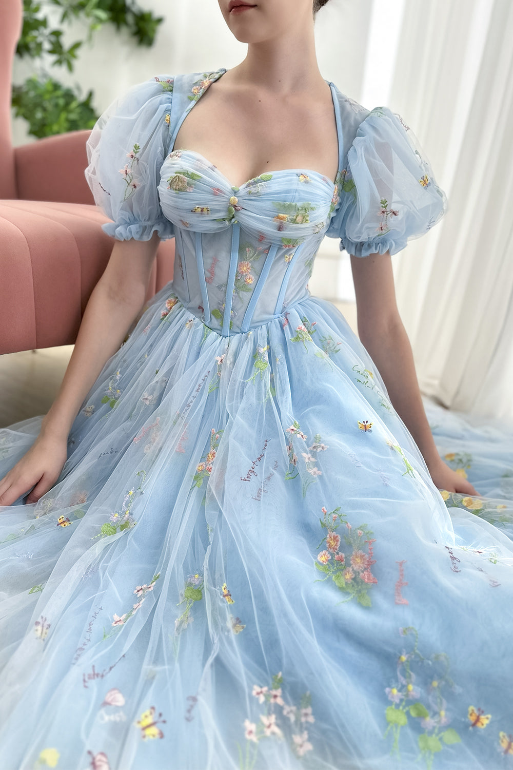 Short Sleeves Corset Floral Embroidery Midi Dress