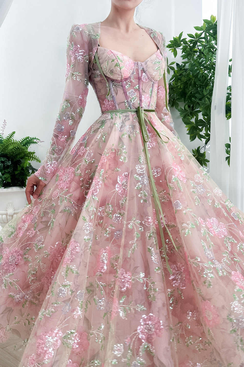 MissJophiel Corset Floral Print Beaded Tulle Dress with Long Sleeves Jacket MissJophiel Corset Floral Print Beaded Tulle Dress with Long Sleeves Jacket