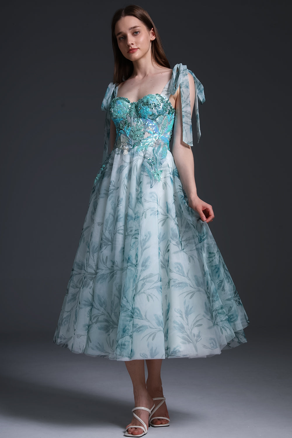 MissJophiel Corset Floral Print Tulle Sequin Applique Midi Dress with Tie Straps Sage Floral / Floor Length / US14 MissJophiel Corset Floral Print Tulle Sequin Applique Midi Dress with Tie Straps Sage Floral / Floor Length / US14