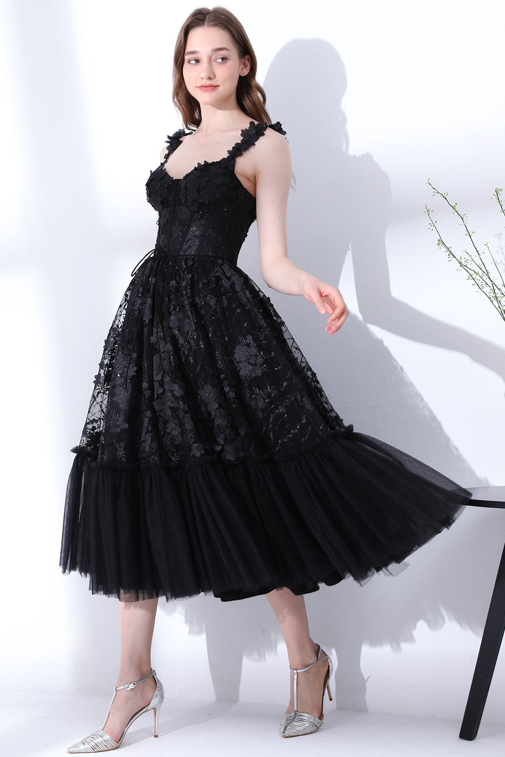 MissJophiel Straps V Neck 3D Floral Black Tiered Dress Black / Floor Length / US4 MissJophiel Straps V Neck 3D Floral Black Tiered Dress Black / Floor Length / US4