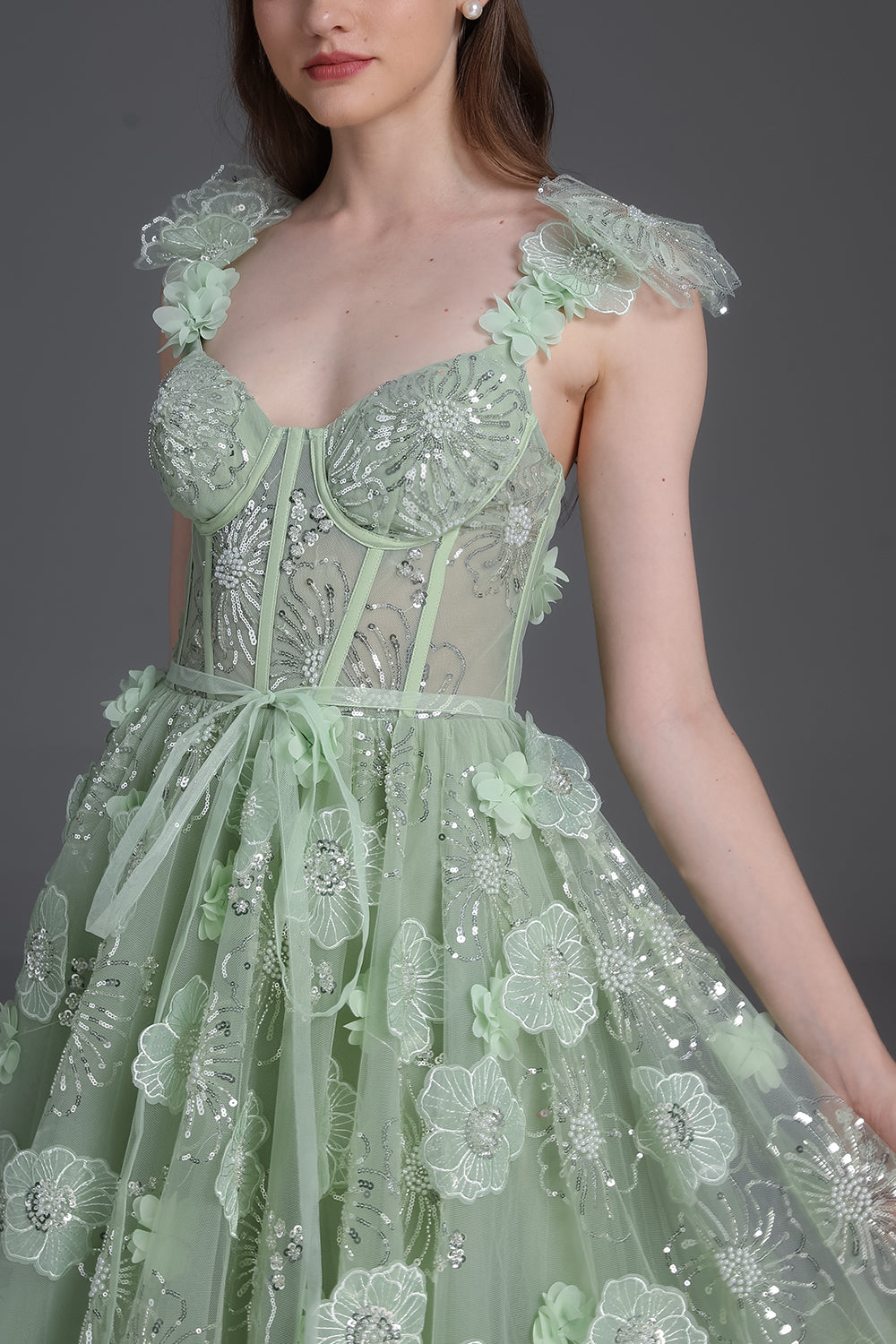 Straps V Neck Corset 3D Floral Sequined Dress