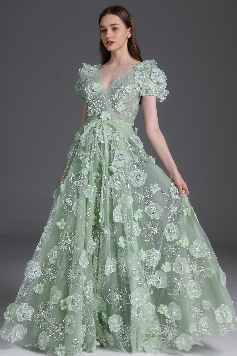MissJophiel Short Sleeves V Neck 3D Floral Sequined Long Dress Mint / Above Knee / US2 MissJophiel Short Sleeves V Neck 3D Floral Sequined Long Dress Mint / Above Knee / US2