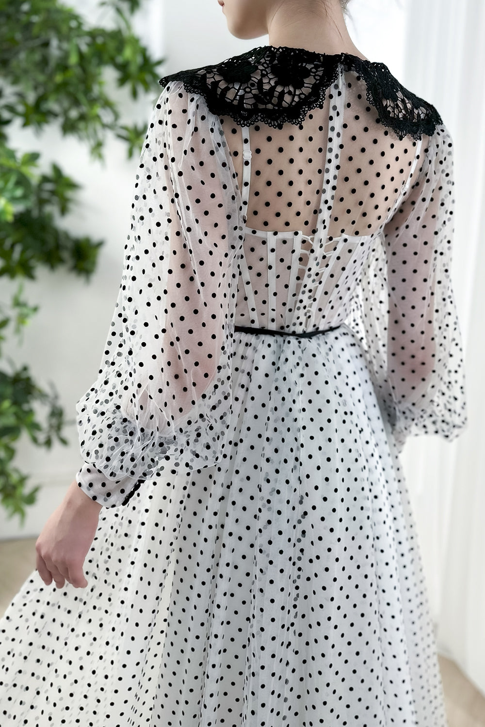 Corset Long Sleeves Black Polka Dot Dress