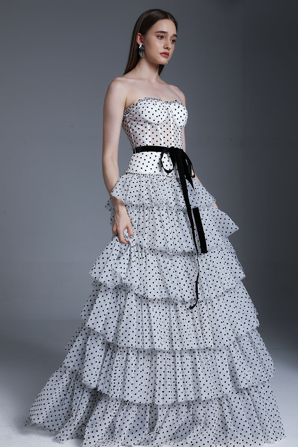 MissJophiel Corset Strapless Black Polka Dot Tiered Dress Other / Floor Length / US16 MissJophiel Corset Strapless Black Polka Dot Tiered Dress Other / Floor Length / US16