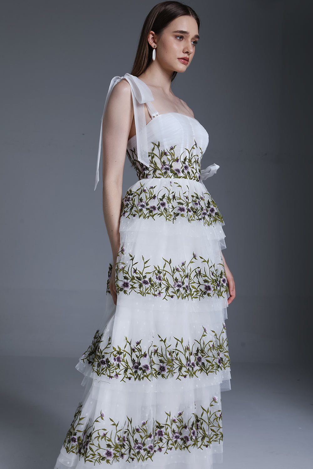Corset Floral Embroidery Tiered Dress with Tie Straps
