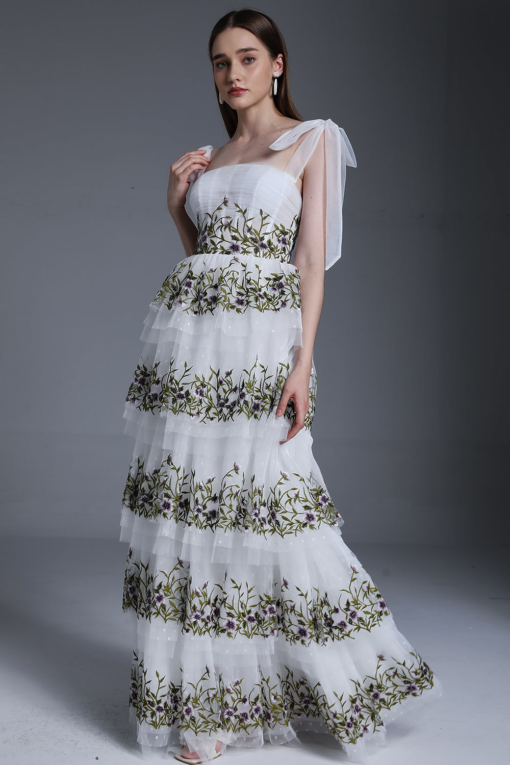 MissJophiel Corset Floral Embroidery Tiered Dress with Tie Straps MissJophiel Corset Floral Embroidery Tiered Dress with Tie Straps