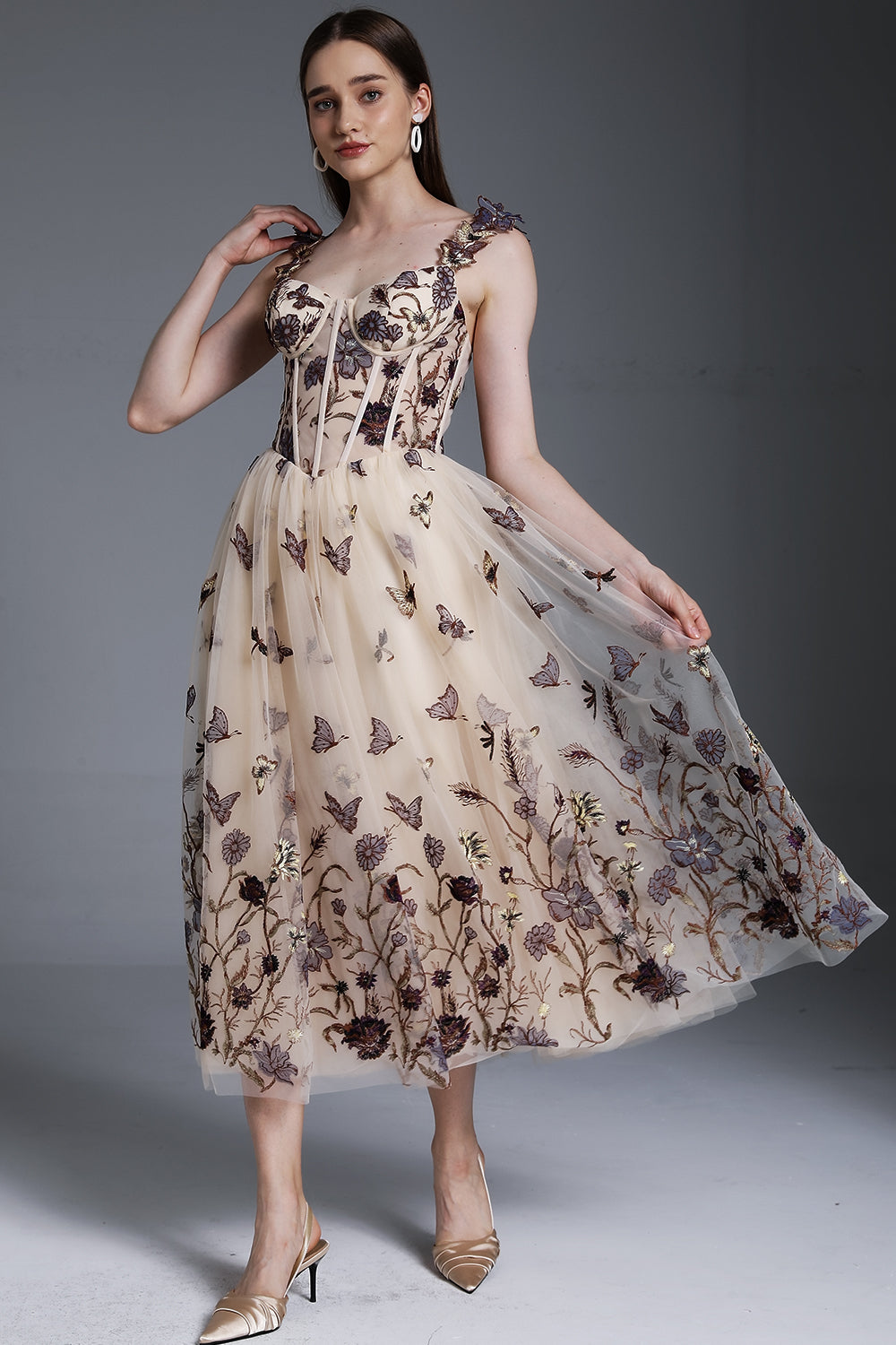 MissJophiel Corset V Neck Butterfly Embroidery Midi Dress
