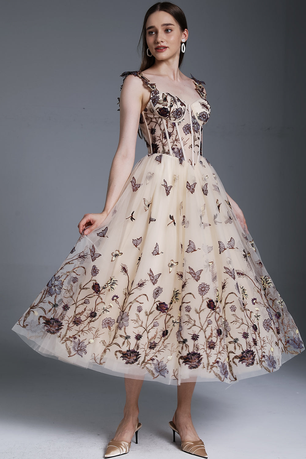 MissJophiel Corset V Neck Butterfly Embroidery Midi Dress MissJophiel Corset V Neck Butterfly Embroidery Midi Dress