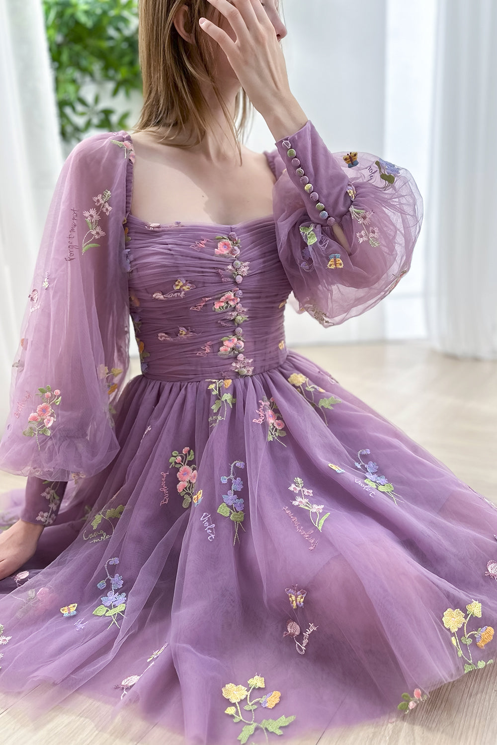 MissJophiel Long Sleeves Corset Floral Embroidery Mini Dress Wisteria / Above Knee / US16 MissJophiel Long Sleeves Corset Floral Embroidery Mini Dress Wisteria / Above Knee / US16