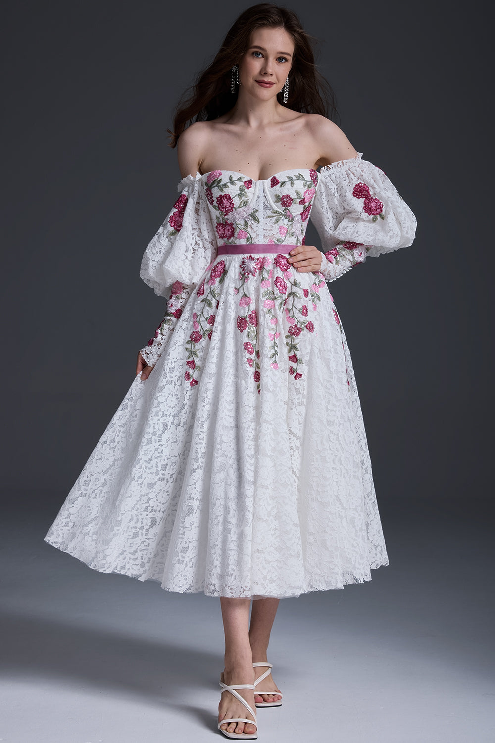 MissJophiel Mangas largas Corset Off the Shoulder Floral Applique Lace Vestido