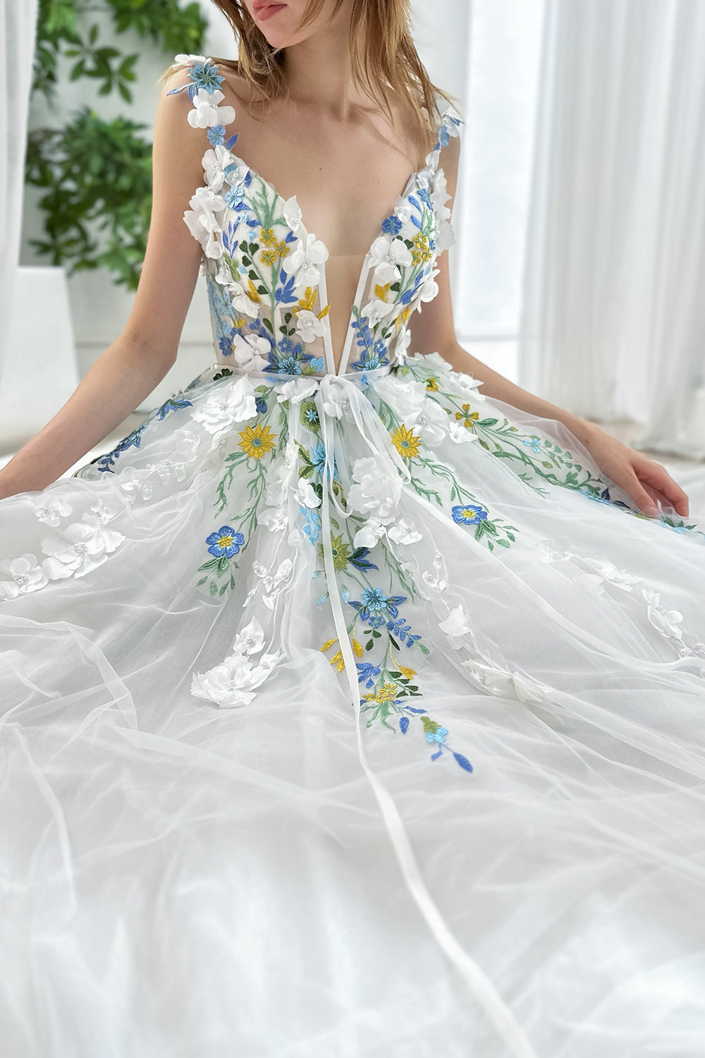 3D Floral Corset V Neck Floral Wedding Dress