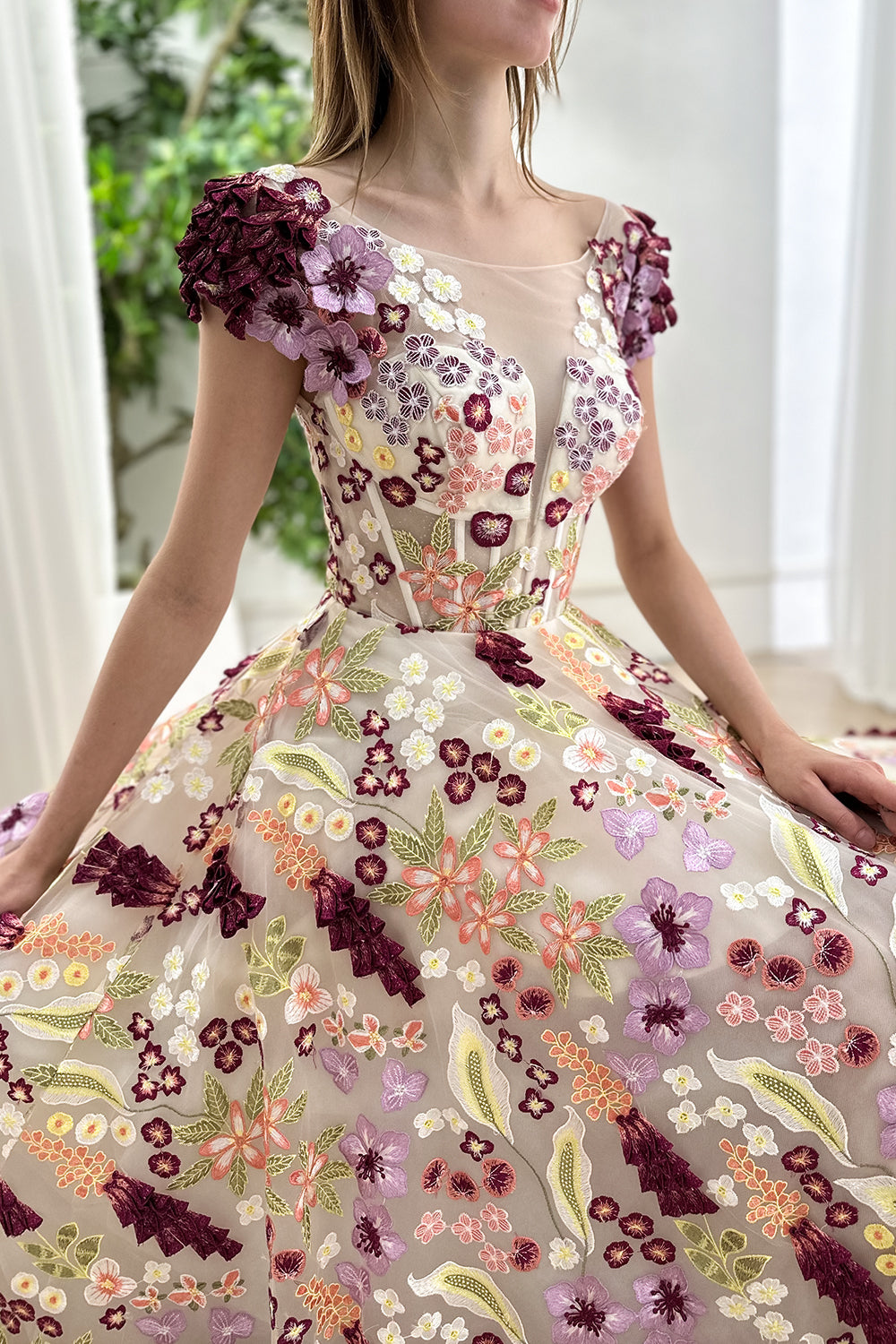 Cap Sleeves 3D Floral Embroidery Dress