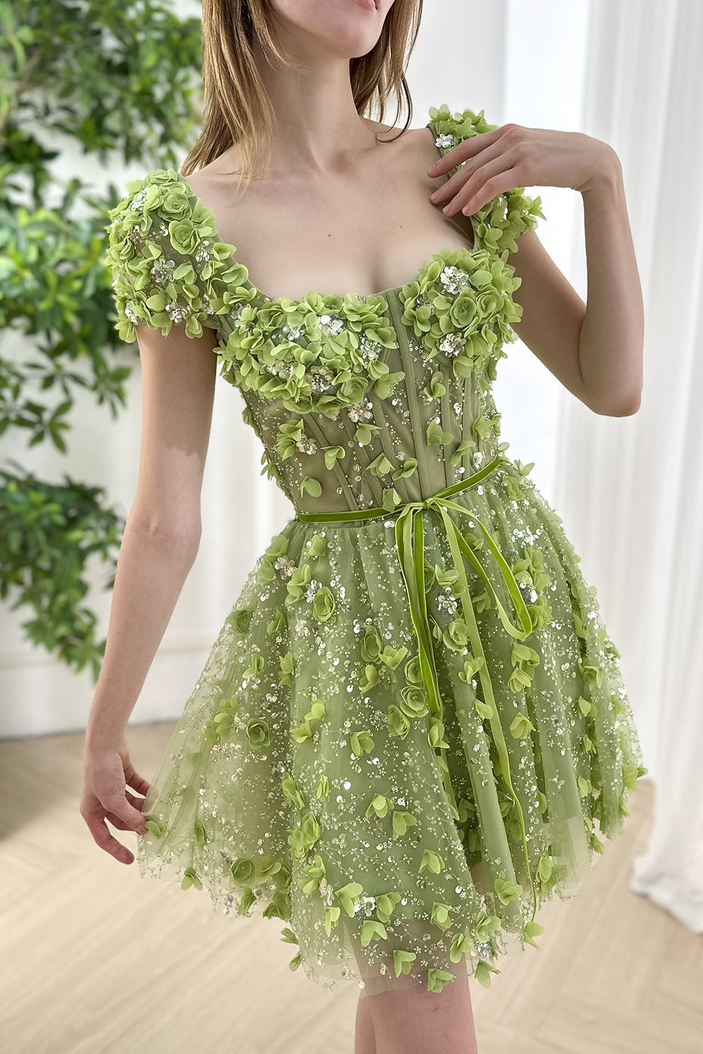 MissJophiel Cap Sleeves Scoop Neck 3D Floral Beaded Dress MissJophiel Cap Sleeves Scoop Neck 3D Floral Beaded Dress
