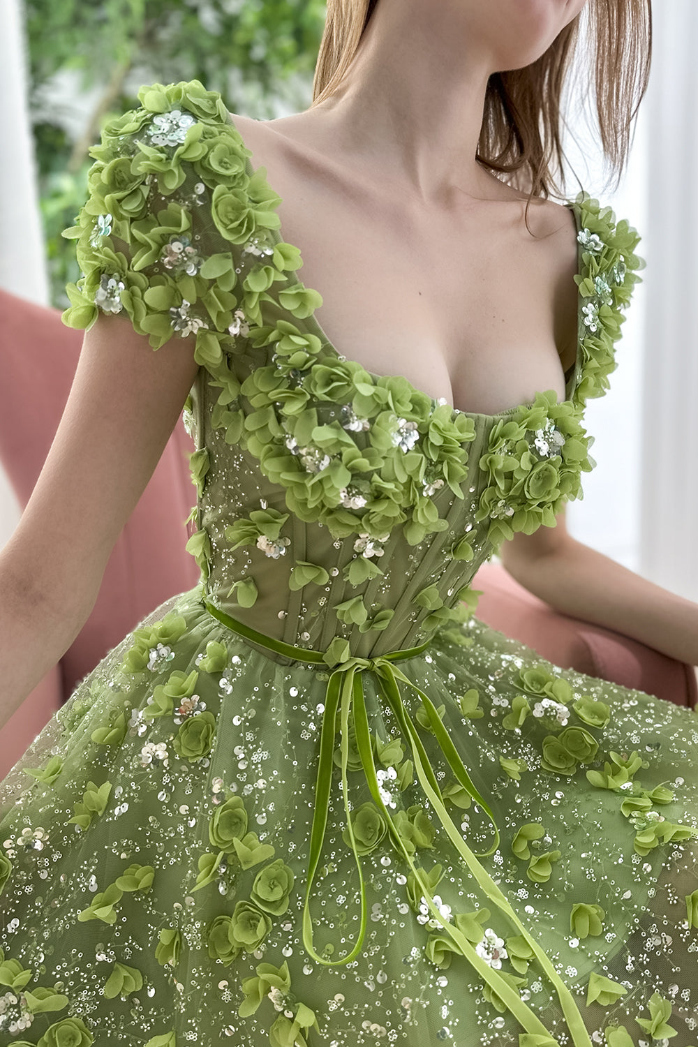 Cap Sleeves Scoop Neck 3D Floral Beaded Dress