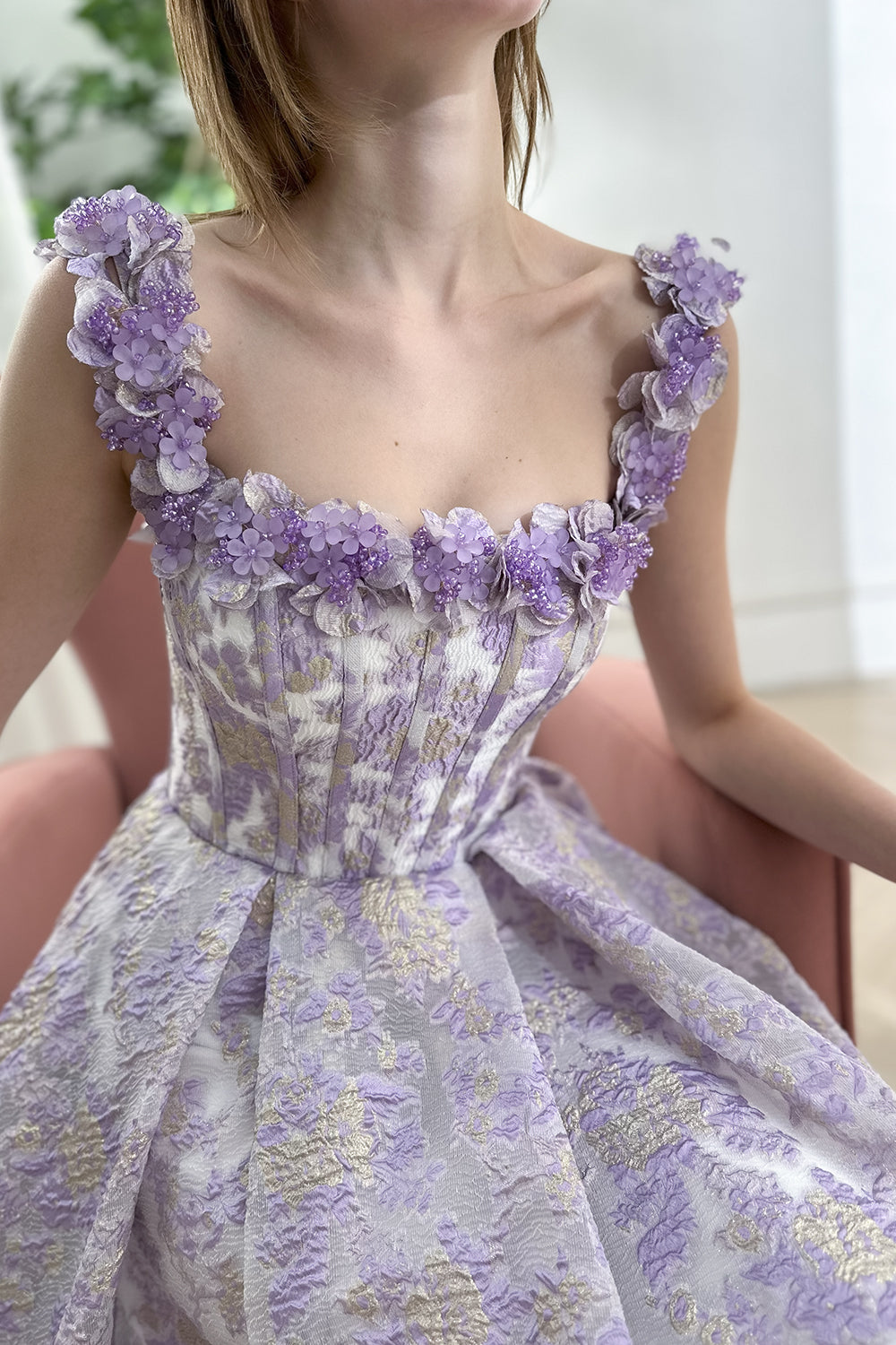 Corset Floral Crystals Straps Lavender Dress