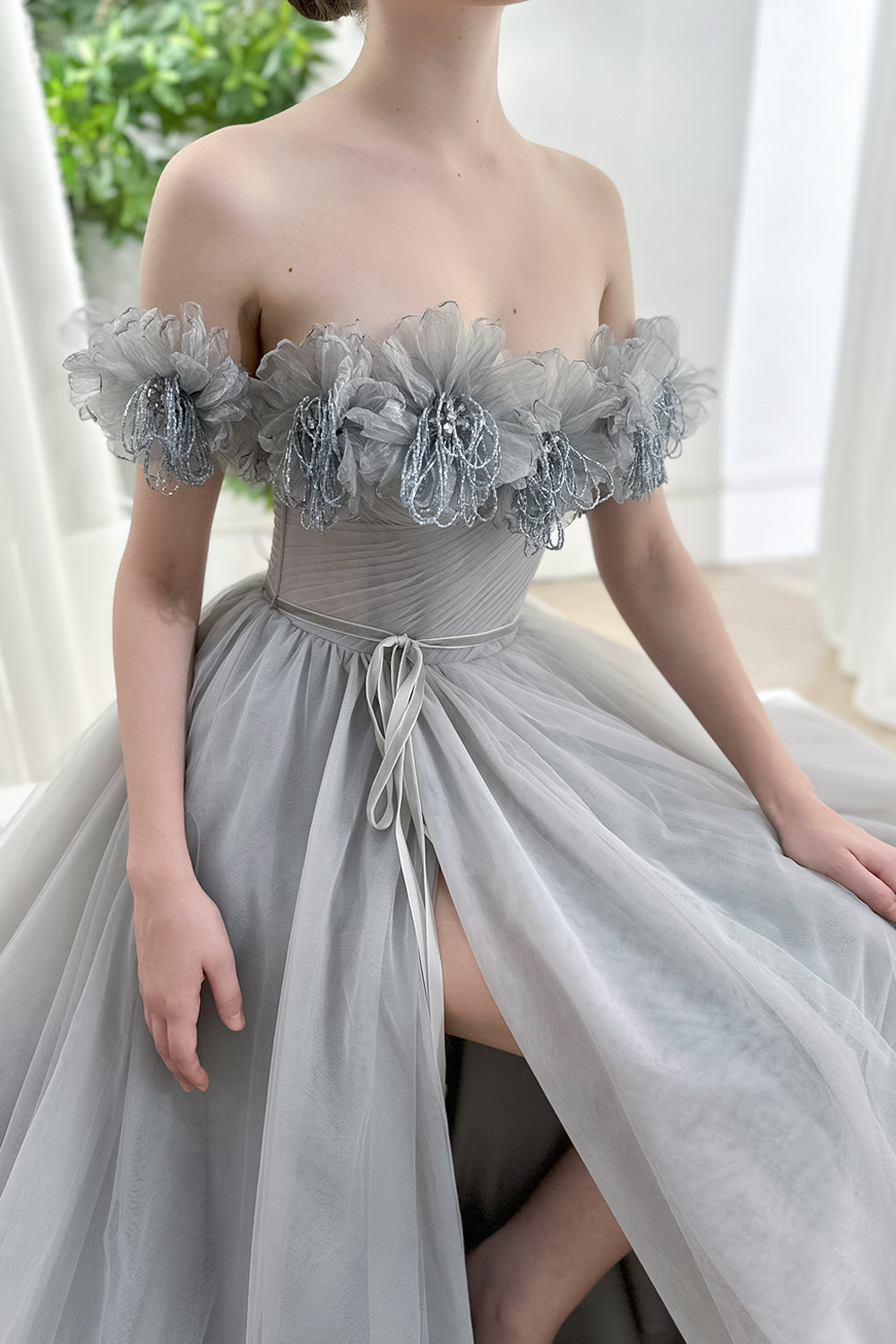 Corset Off the Shoulder 3D Floral Beaded Dress with Slit