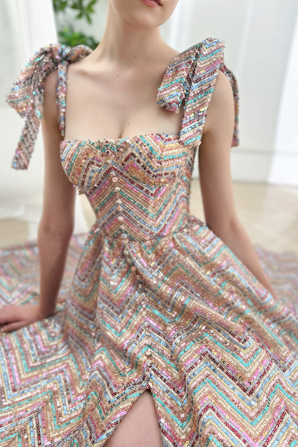 MissJophiel Tie Straps Corset Rainbow Sequin Dress with Slit Rainbow Seequin / Tea Length / US30W MissJophiel Tie Straps Corset Rainbow Sequin Dress with Slit Rainbow Seequin / Tea Length / US30W