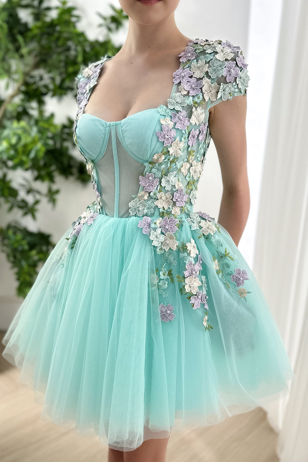 MissJophiel Cap Sleeves Corset Floral Applique Mini Dress Aqua Floral / Floor Length / Custom Size / Plus Size MissJophiel Cap Sleeves Corset Floral Applique Mini Dress Aqua Floral / Floor Length / Custom Size / Plus Size