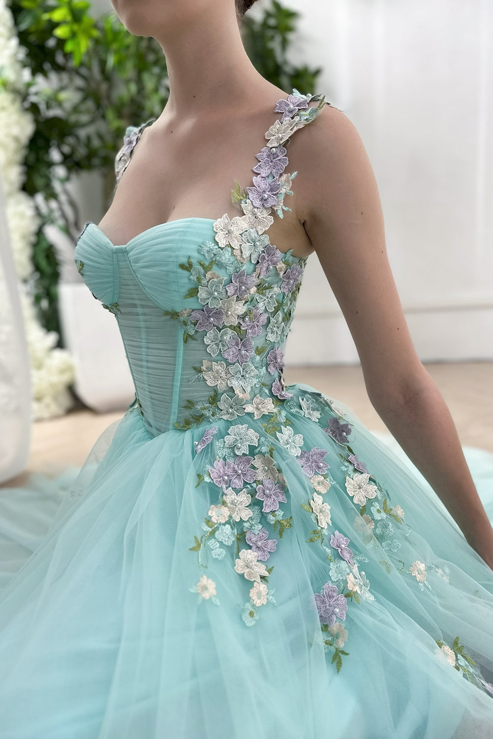 MissJophiel Tirantes Corset Floral Applique Midi Aqua Vestido