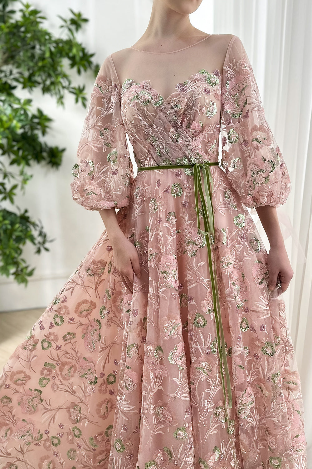 MissJophiel Boat Neck Beaded Embroidery Puffy Sleeves Long Dress Pink / Above Knee / Custom Size / Plus Size MissJophiel Boat Neck Beaded Embroidery Puffy Sleeves Long Dress Pink / Above Knee / Custom Size / Plus Size