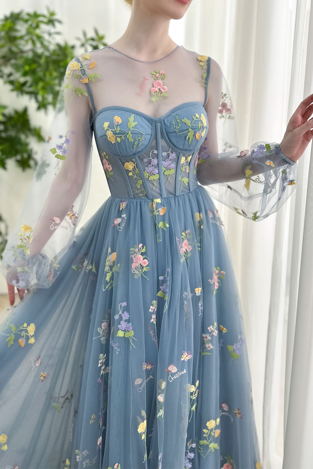 Dusty Blue Floral Embroidered Tulle Maxi Dress with Corset Bodice