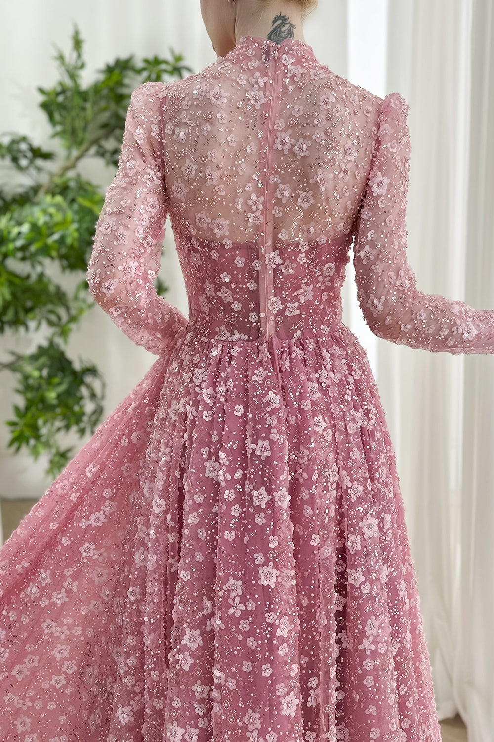 Romantic High Neck Pink Floral Applique Tulle Gown