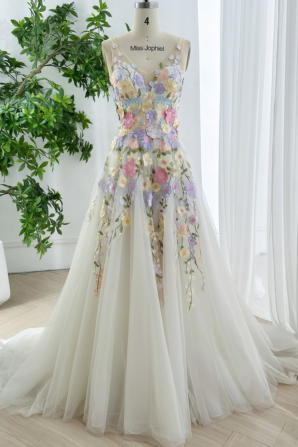 Floral Embroidered Tulle Wedding Dress with Pastel Blossoms Custom Color / Floor Length / US18 Floral Embroidered Tulle Wedding Dress with Pastel Blossoms Custom Color / Floor Length / US18