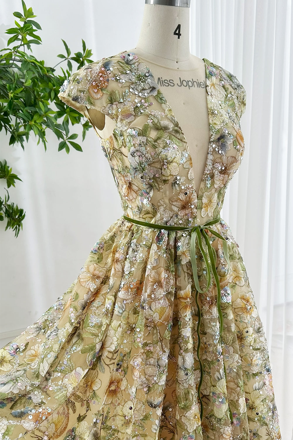 Floral Sequin Embroidered Midi Dress for Wedding & Party Champagne Gold / Tea Length / US6