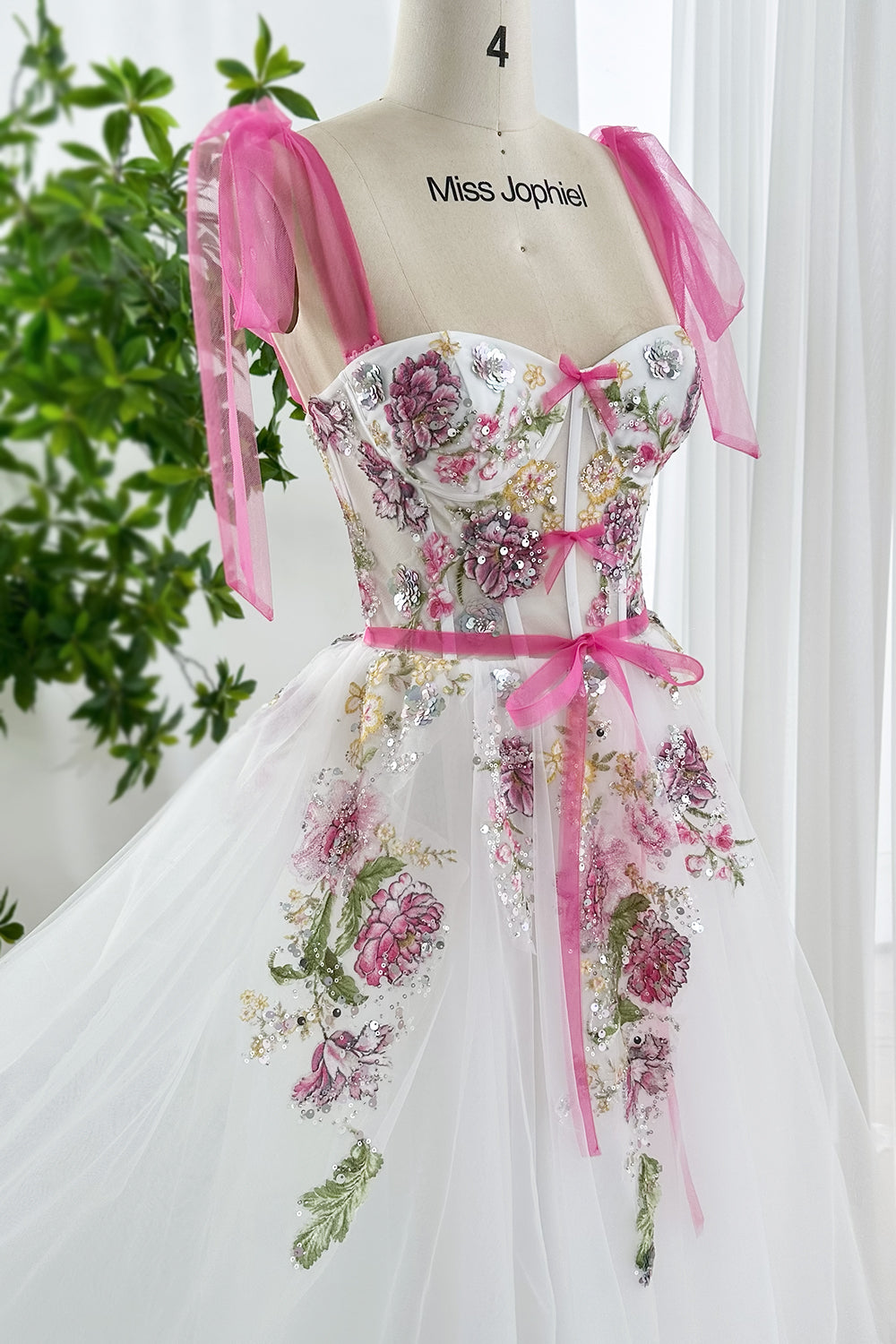 Romantic Floral Embroidered Tulle Midi Dress with Pink Ribbon