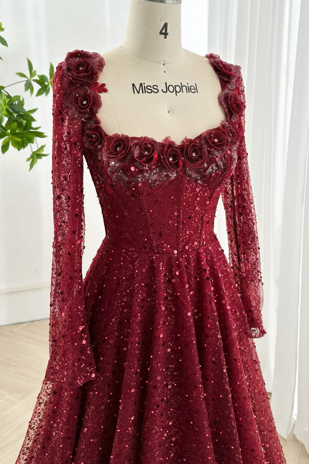Corset Scoop Neck Long Sleeves Sequin Lace Dress