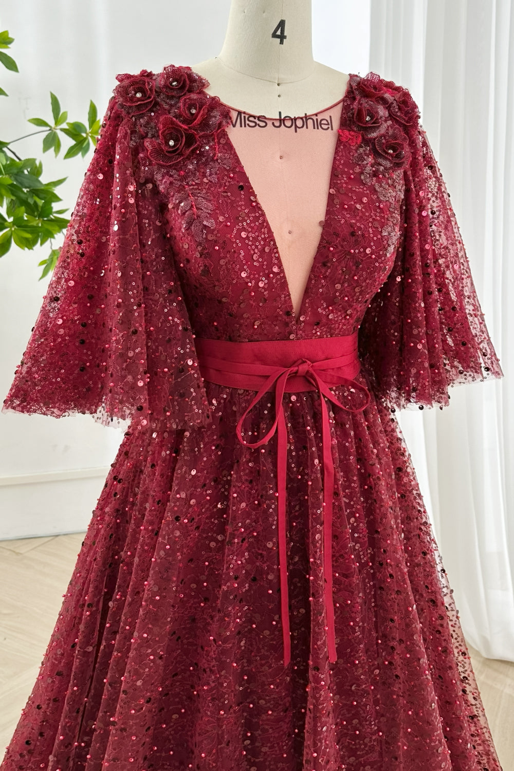 MissJophiel Illusion V Neck Half Sleeves Sequin Lace Dress