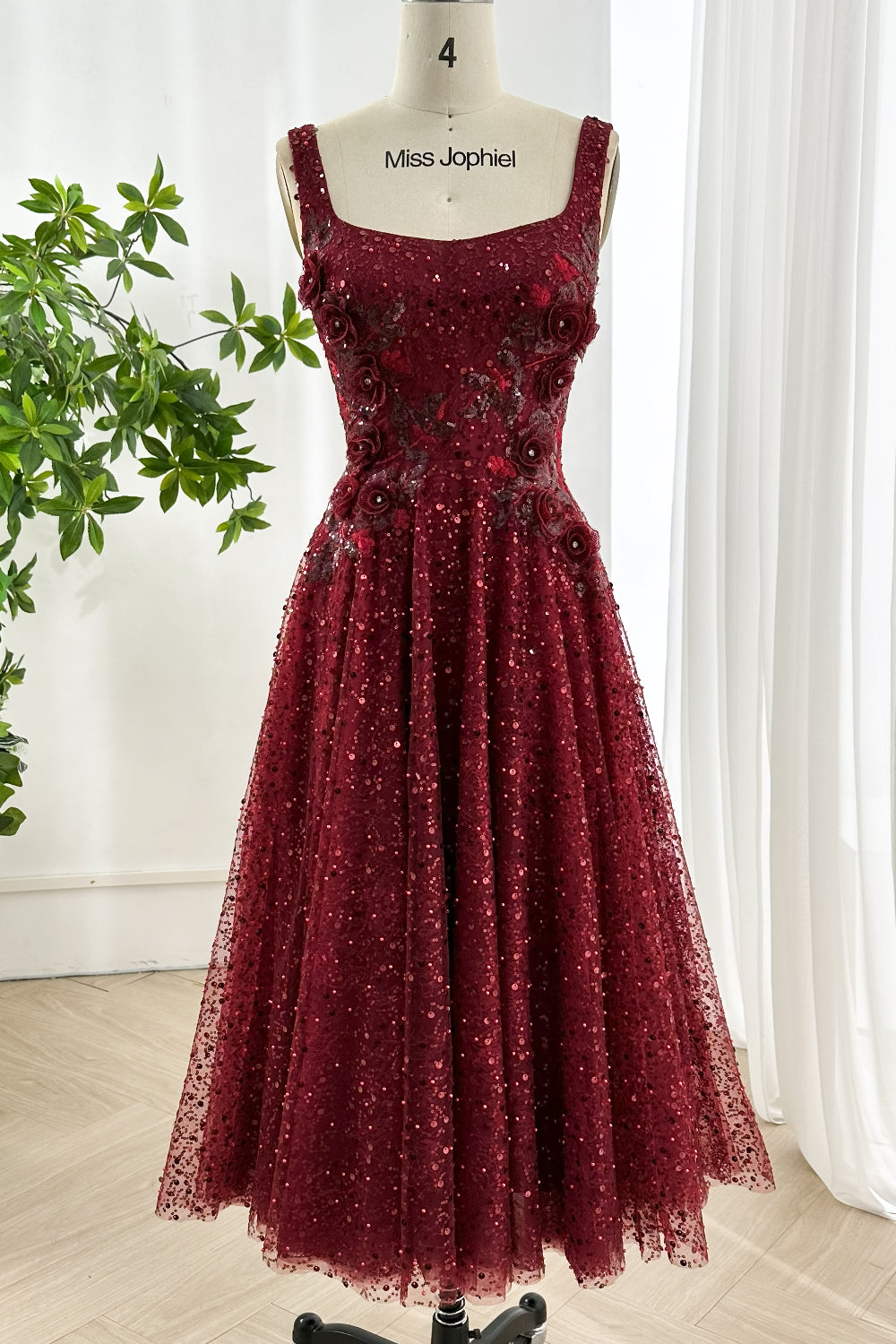 Burgundy Sequin Tea-Length Dress with 3D Floral Appliqués Corset
