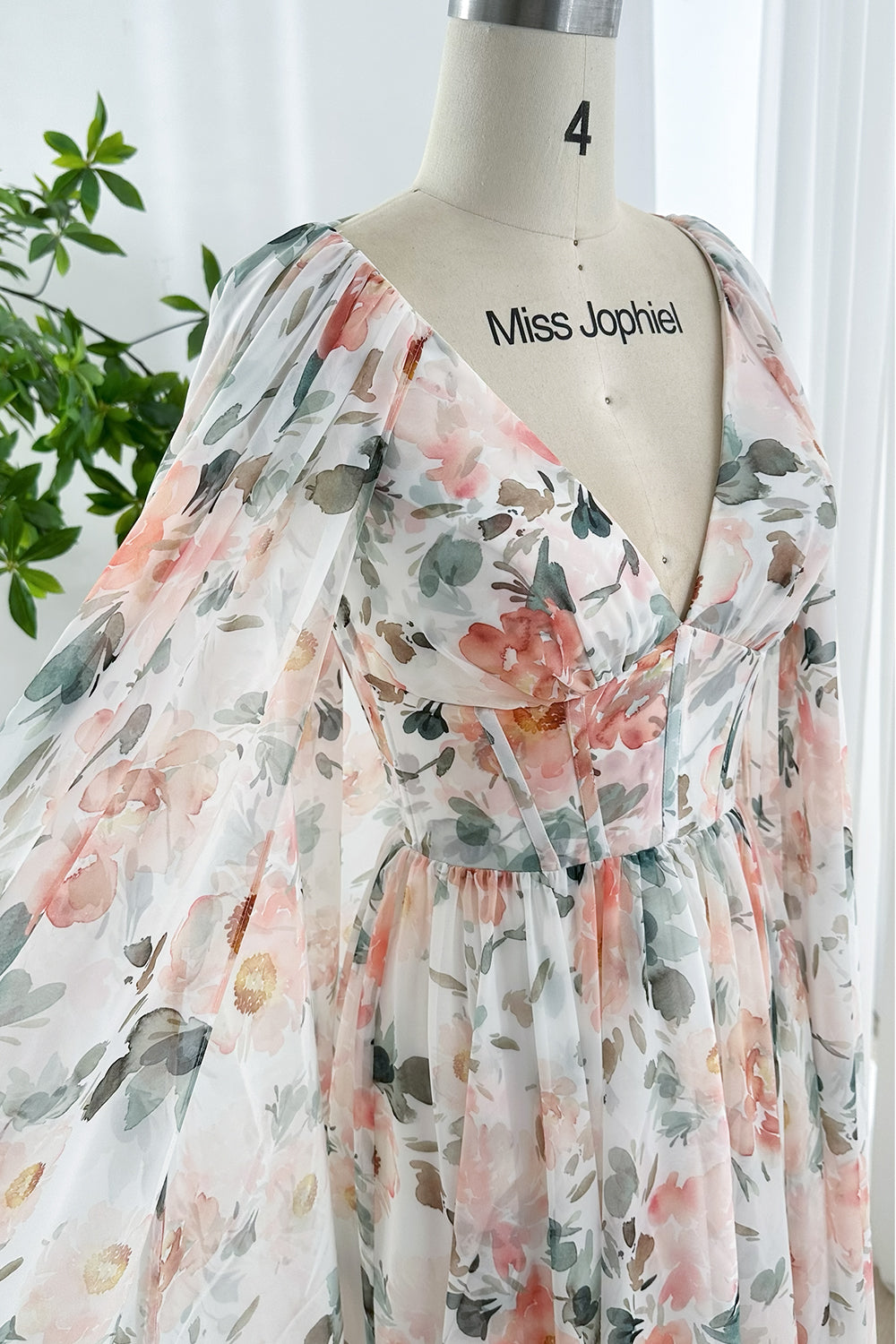 Floral Chiffon V-Neck Corset Gown with Cape Sleeves | Miss Jophiel Peach blush watercolor Floral / Above Knee / US16 Floral Chiffon V-Neck Corset Gown with Cape Sleeves | Miss Jophiel Peach blush watercolor Floral / Above Knee / US16