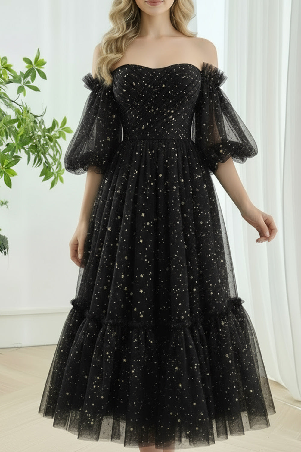 Celestial Midnight Blue Off-Shoulder Star Mesh Dress