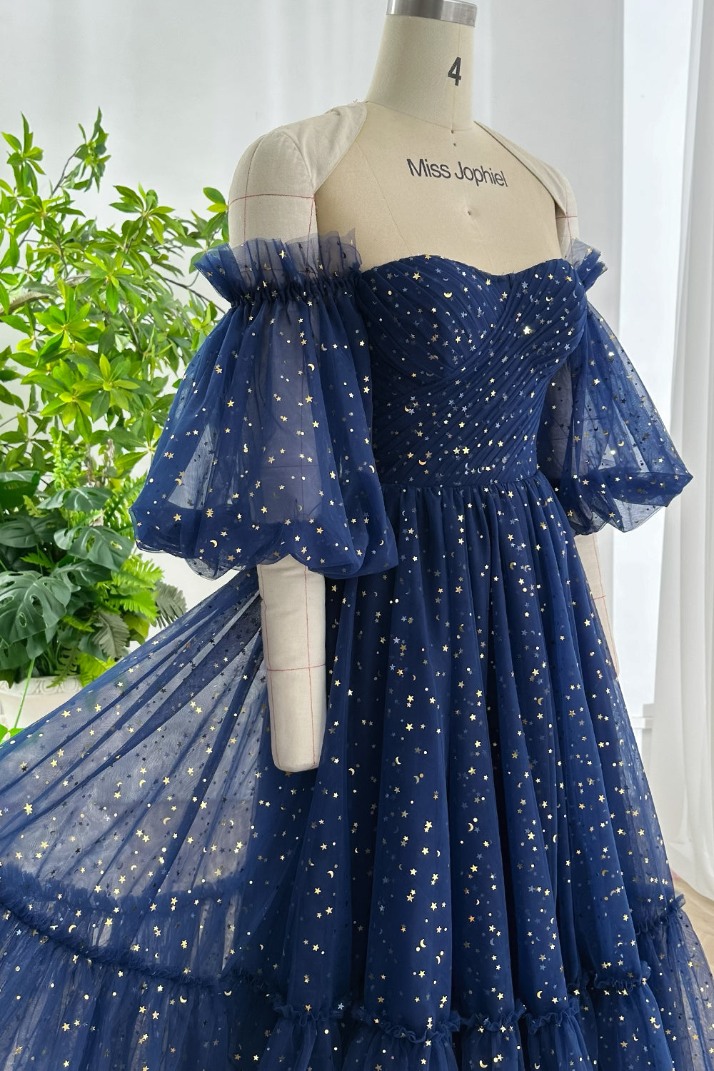 Celestial Midnight Blue Off-Shoulder Star Mesh Dress