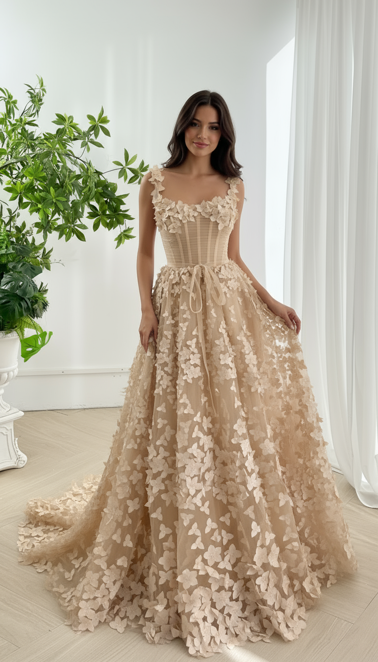 Elegant champagne 3D flower applique corset dress worn by model in soft lighting perfect for prom or wedding guest occasion