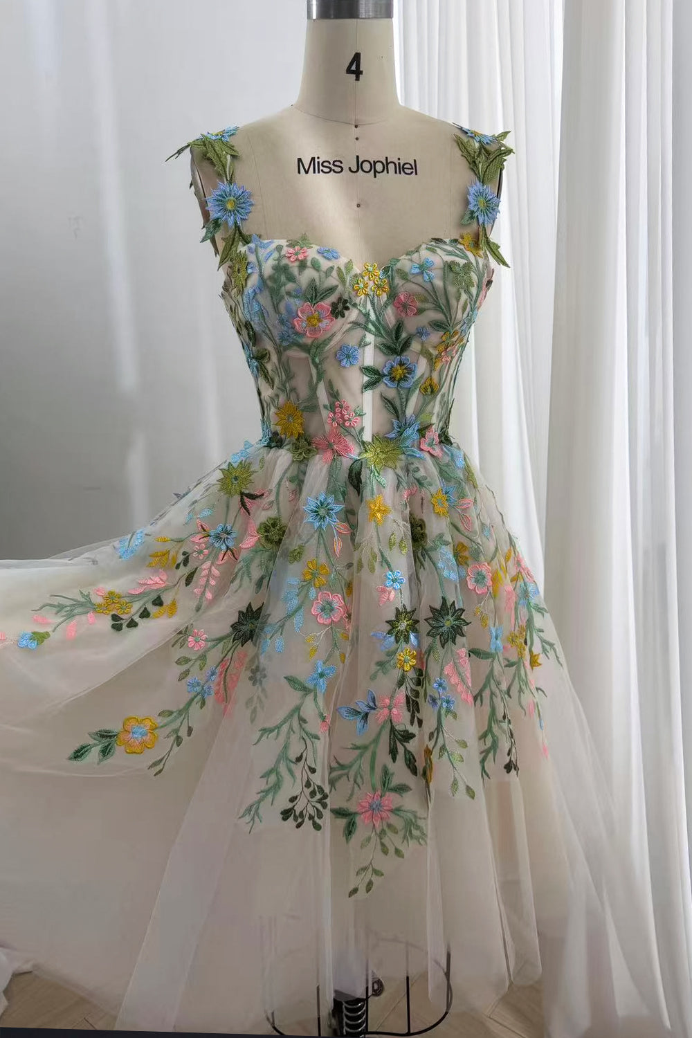 Floral Embroidered Tulle Midi Dress with Corset Bodice