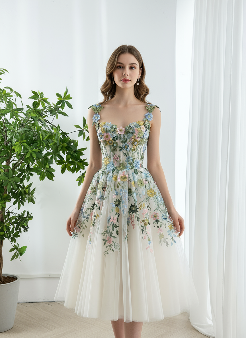 Floral Embroidered Tulle Midi Dress with Corset Bodice