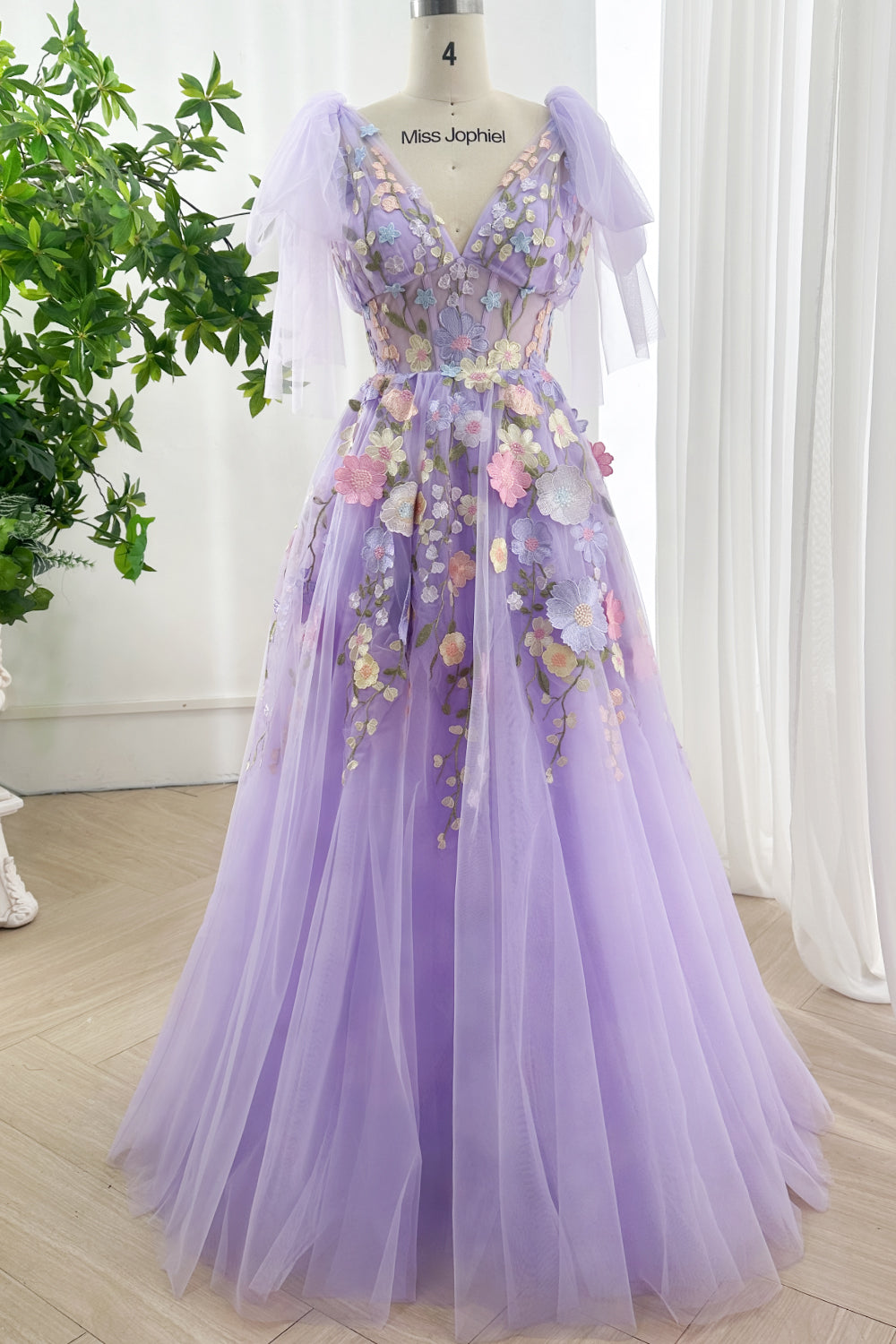 lavender tulle bridesmaid dresses Miss Jophiel V Neck Floral Prom Gown with Tie Straps collection:midi dresses