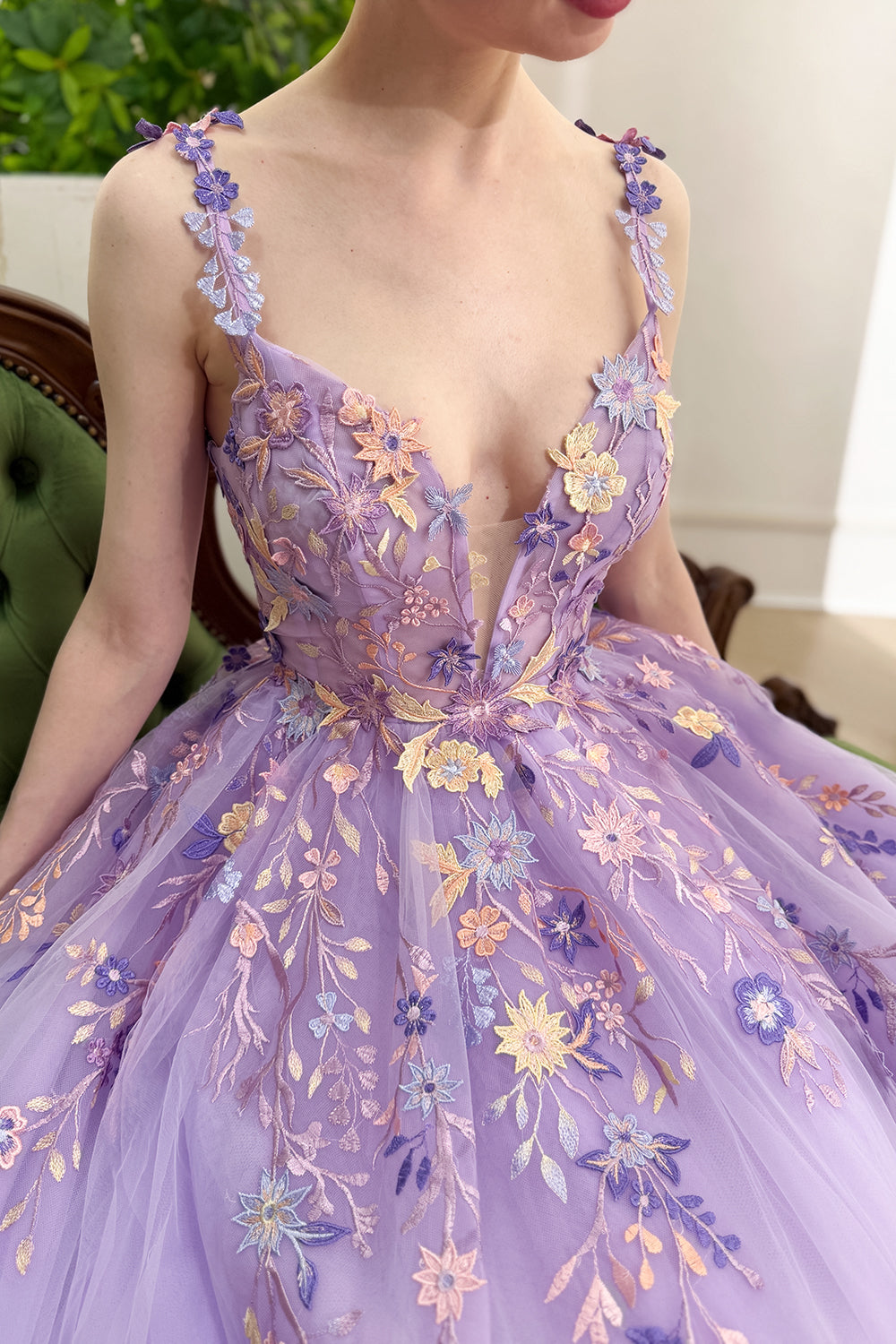 MissJophiel Lavender Embroidered Tulle Floral Tea-Length Prom