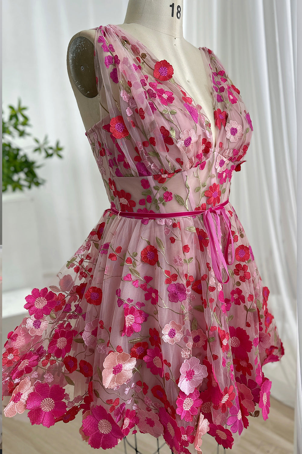 Fuchsia Pink Floral Embroidered Tulle V-Neck A-Line Prom Dress with Lace-Up Back