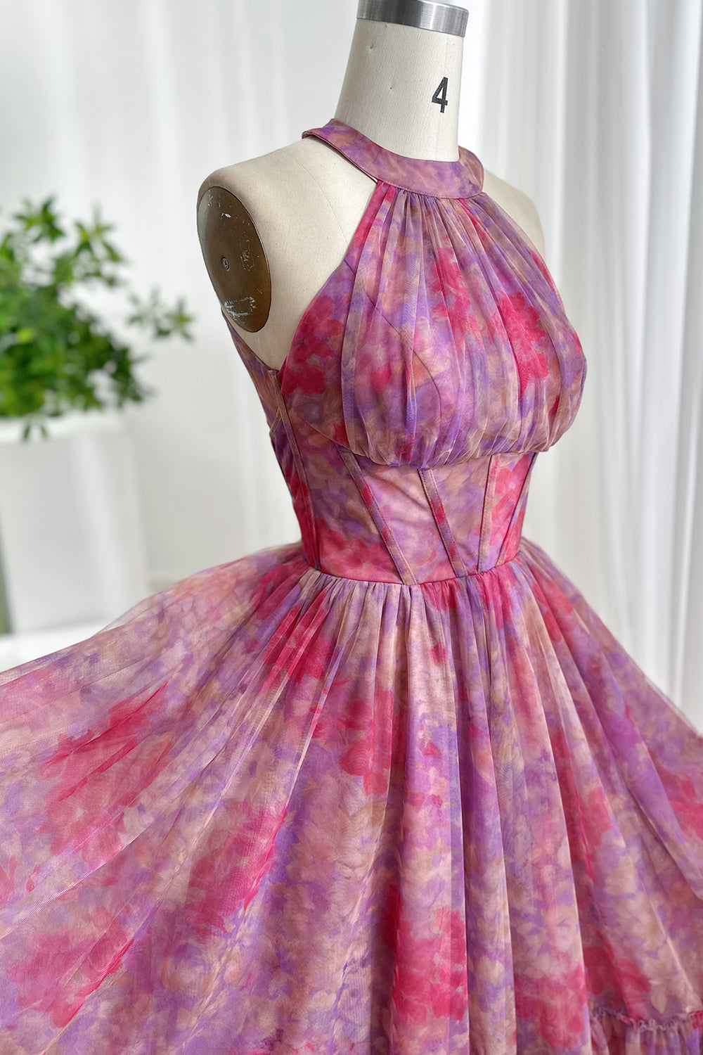 Pink Purple Floral Halter Corset Tulle Midi Dress | Romantic Tea Length Dress Fuchsia / Floor Length / US10 Pink Purple Floral Halter Corset Tulle Midi Dress | Romantic Tea Length Dress Fuchsia / Floor Length / US10