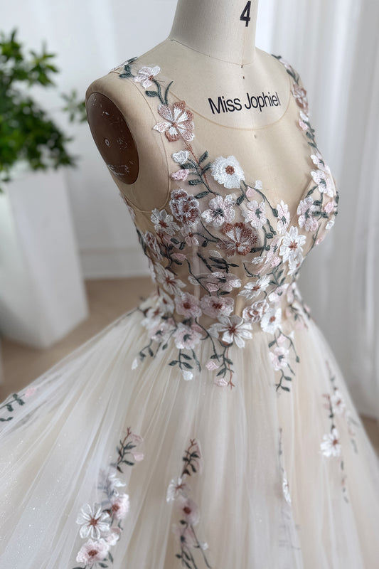 Ivory Champagne Blend Floral Embroidered Tulle A-Line Wedding Dress with Illusion Bodice