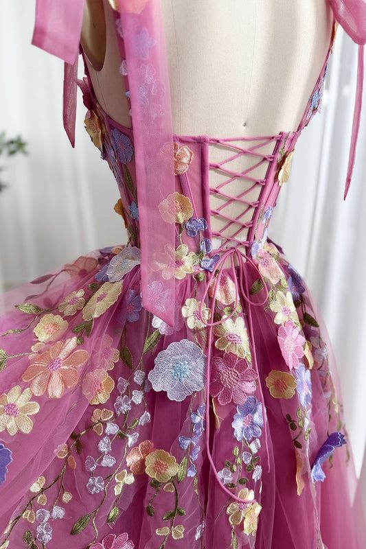 Pink Fuchsia Floral Embroidered Tulle Corset Prom Dress with Removable Straps