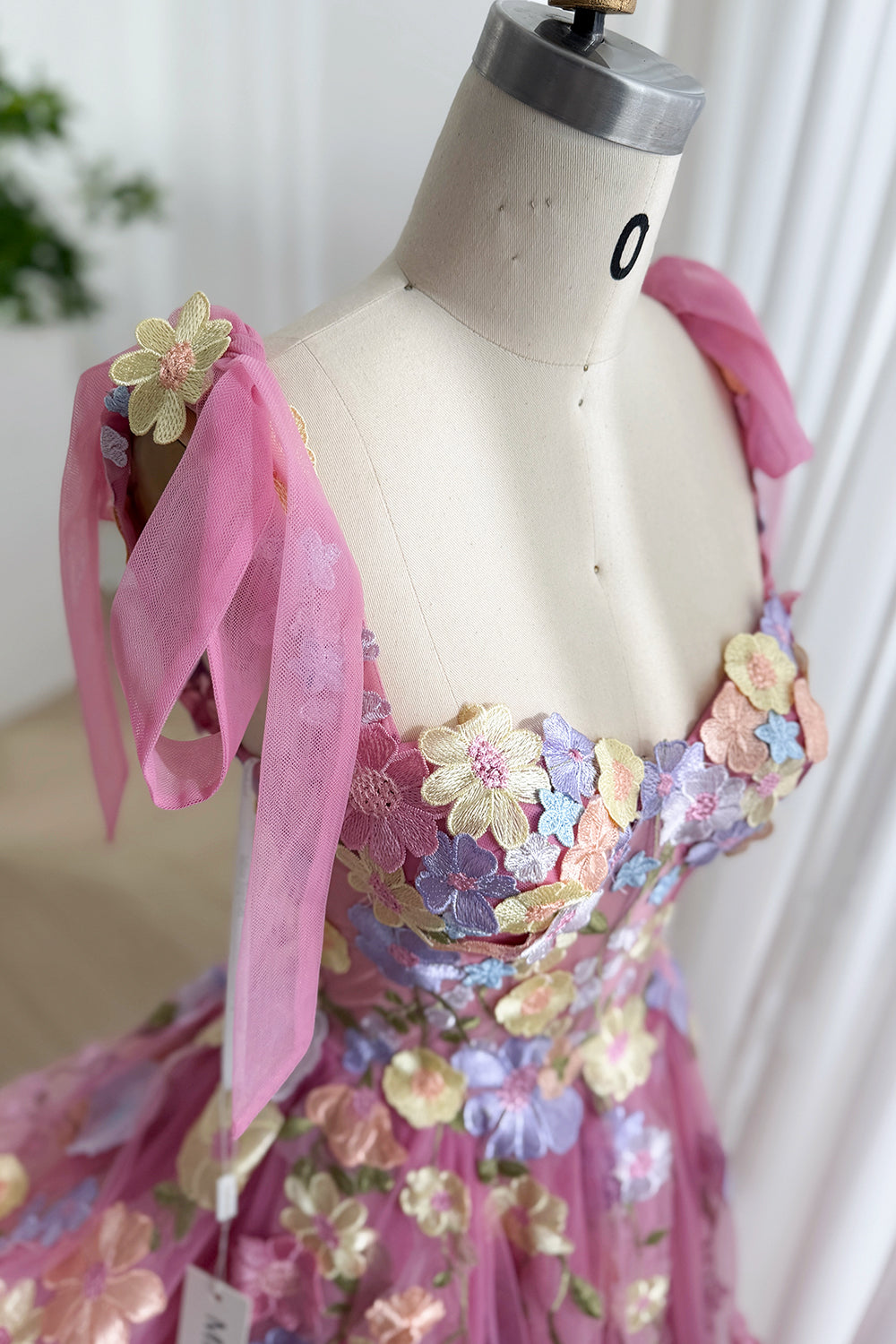 Pink Fuchsia Floral Embroidered Tulle Corset Prom Dress with Removable Straps