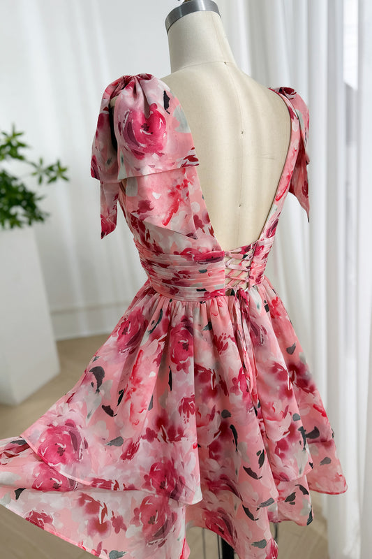 Rearview corseted fastening showcase reveals flutter shoulders airy layers blooming pattern elegant showroom ambiance radiant