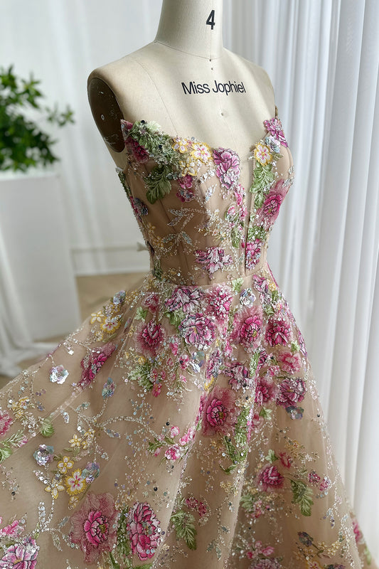 Strapless Blush Champagne Floral Embroidered Glitter Tulle Ball Gown