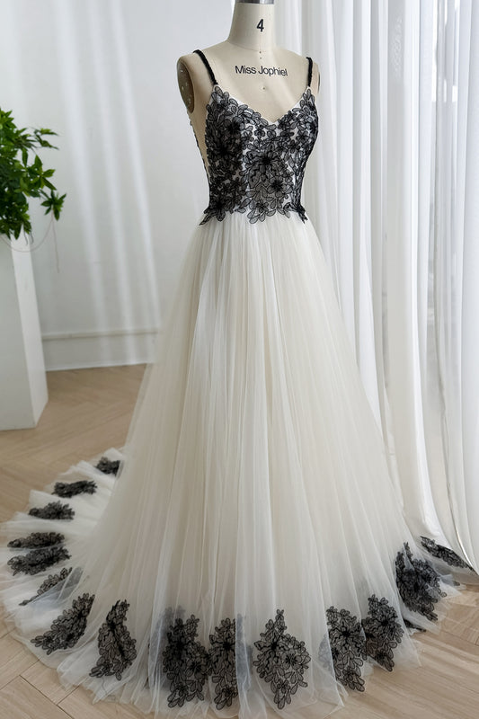Ivory Tulle A-Line Dress with Black Floral Lace Appliqué and Spaghetti Straps with Train